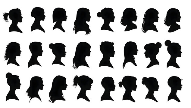 Set of diverse female head silhouettes in profile view isolated on white background