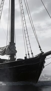 Vertical video: Responding to gusting wind, wooden ship cutting bow wave at open sea, with bowsprit