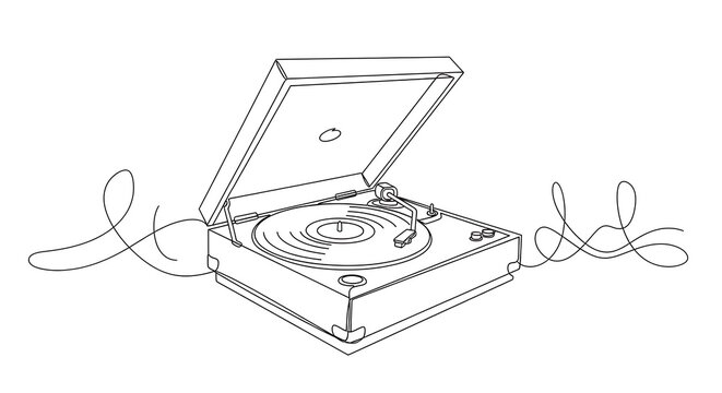 A minimalist line drawing depicts a vintage turntable with the lid open and whimsical wires