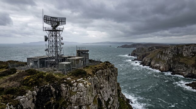 Coastal Radar Station and Surveillance Tower on Rocky Cliff Overlooking Ocean