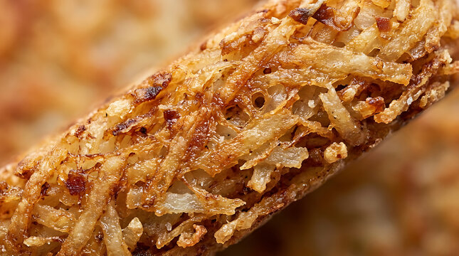 Close-up of golden crispy hash brown stick with textured potato shreds, fried to perfection.
