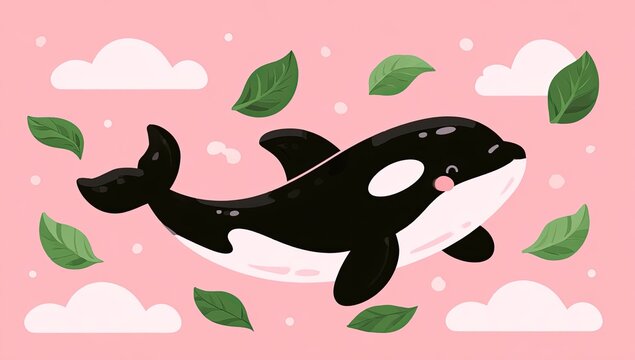 Adorable cartoon killer whale swims in a sky of clouds and leaves