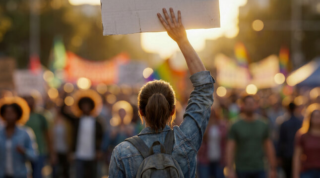 Rear view of a woman holding up a blank cardboard sign at a protest march at sunset