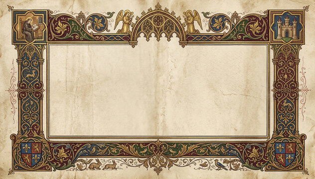 Medieval illuminated manuscript border with vibrant gold red blue elements for historical document design.