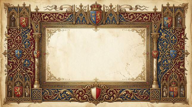 Gothic illuminated manuscript border with vibrant red blue gold medieval frame for elegant presentations.