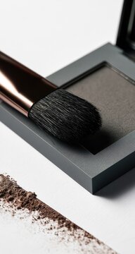 Close-up of makeup brush applying powder from compact