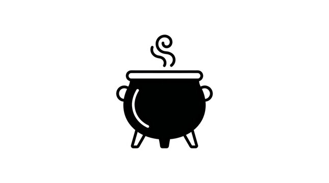 Black magic cauldron icon with rising steam symbol representing a fantasy witch potion pot for halloween graphic design and spooky holiday themes