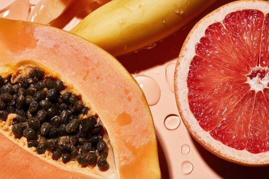 Close-up of ripe tropical fruits with water droplets on a soft pink surface