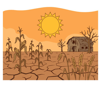 Arid landscape with cracked earth, wilting crops, and an abandoned barn under a scorching sun, depicting severe drought and climate change