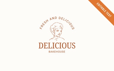 Obraz premium Warm terracotta bakery logo template featuring delicate hand drawn female chef line art, elegant stacked serif typography, fresh baking theme, editable text for local neighborhood bakehouse identity