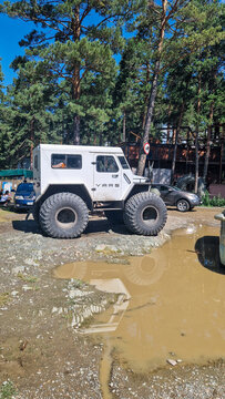 White YARS all-terrain swamp buggy with huge low-pressure tires in the village of Elekmonar, in front of a coniferous forest; a Russian specialized off-road vehicle, Altai, Siberia, Russia 02.08.2025