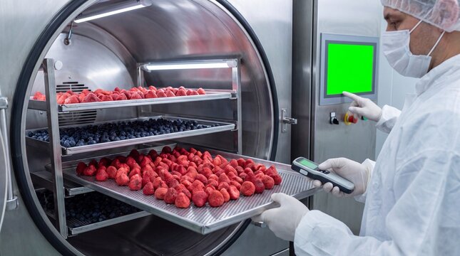 A polished stainless steel freeze dryer chamber displays vibrant freeze-dried fruit