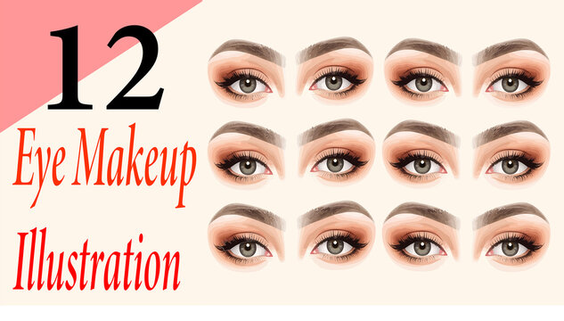 Set of twelve different eye makeup styles with various eyeshadow and eyeliner designs Vector, illustration