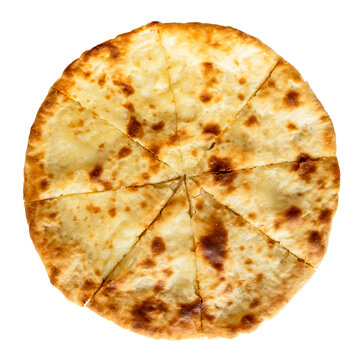 cooked imeretian khachapuri (imeruli) traditional round closed pie from Georgia with filling of soft brine cheese cut-out on white background