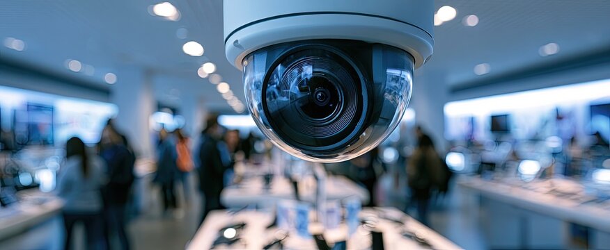 A surveillance camera monitors activity in a bright, modern retail store with shoppers browsing