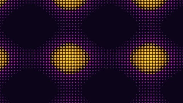 Vibrant pixelated circular patterns arranged in a structured dark grid