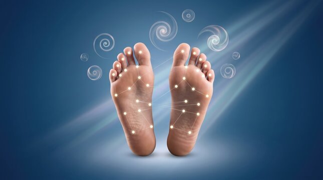 Human feet soles showing reflexology energy points and zones map, holistic health care, alternative medicine therapy, spiritual healing aura, wellness relaxation treatment