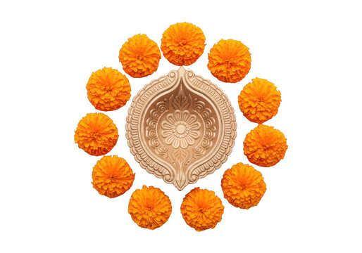 Orange marigolds arranged around a decorative plate on transparent background