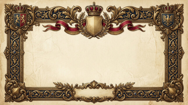 Ornate golden royal border frame with crowns and heraldic shields on vintage paper.