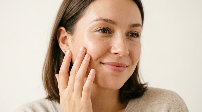 Close-up portrait of a smiling woman with natural glowing skin gently touching her cheek with delicate fingertips, soft neutral background, beauty skincare concept