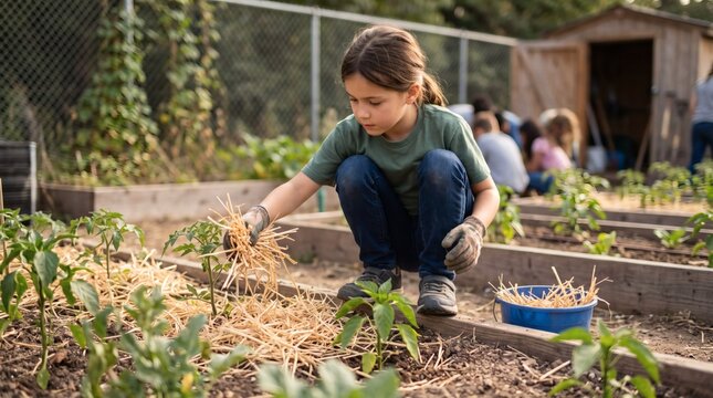 Young girl mulching plants in a raised garden bed with straw during a sunny day