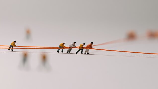 Tiny figures pull an orange string on a white surface