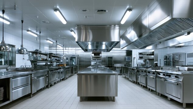 Spacious, professional, stainless steel commercial kitchen with island and exhaust hoods