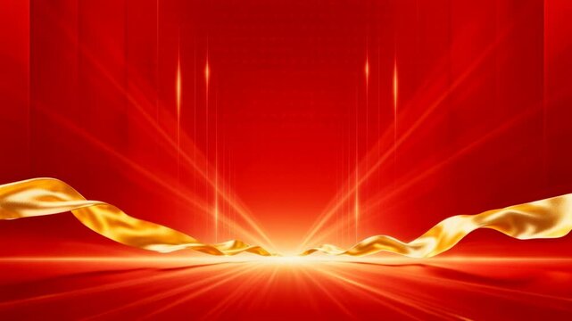 Red background with golden ribbons and light effects for celebration and festive design