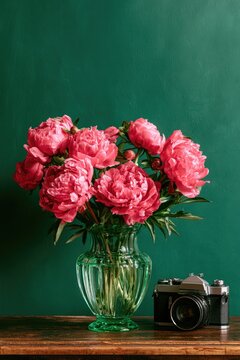 Vibrant pink peonies in a glass vase beside a vintage camera