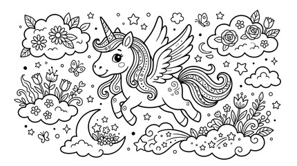 Fototapeta premium Cute unicorn flying in a whimsical floral fantasy landscape
