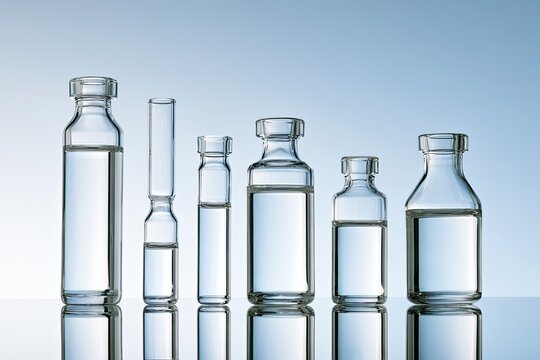 Lined up glass vials filled with clear liquid, reflecting light