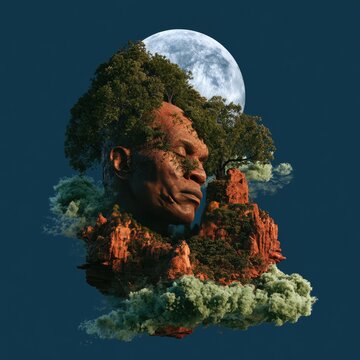 Enigmatic stone face emerges from floating islands, moonlit
