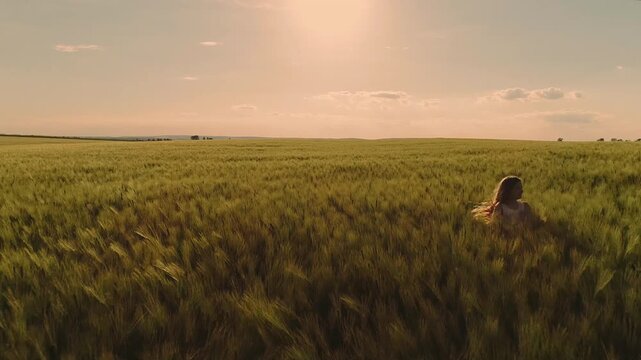 Partially visible person walks through tall wheat with outstretched arms and hair catching warm backlight, leaving faint trail and bent stalks in crop, posture and gesture convey calm exploratory