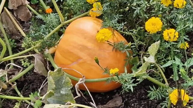 Cucurbita maxima 'Dill's Atlantic Giant' a large orange winter vegetable squash, allotment gardening stock video footage clip