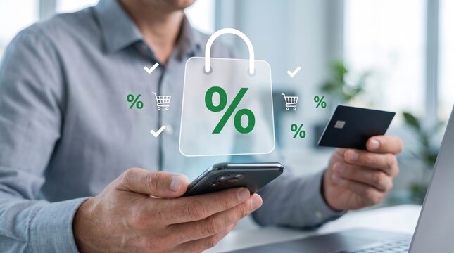Online shopping discount concept, person using smartphone and credit card for e-commerce, digital retail sale promotion with percentage icons