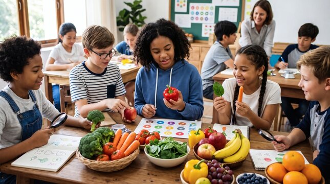 Diverse elementary school children engaged in a healthy eating lesson with fresh fruits and vegetables