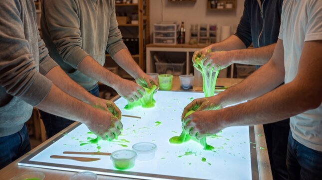 Adult hands joyfully squish glowing green slime on a bright surface