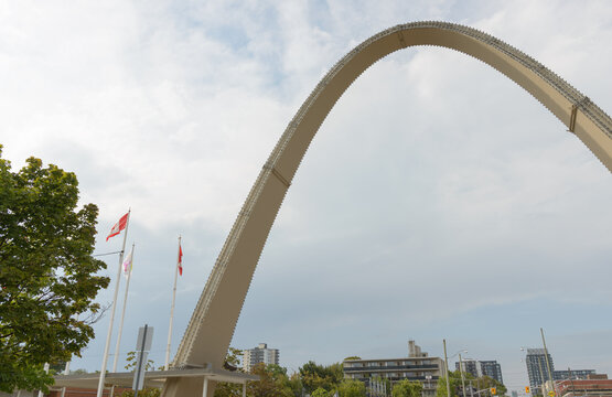 wide view of iconic, mid-century modern parabolic archway, designed by Philip R Brook, opened 1959, Exhibition Place, Toronto