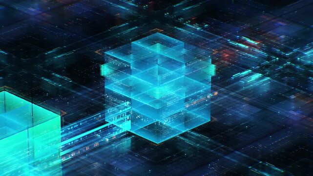Technology Blockchain in Data Transfer Cloud Server and Artificial Intelligence Computing Network. Abstract Big Data Analytics of Fintech Security Supply Chain in Quantum Computing Loop Background 4k