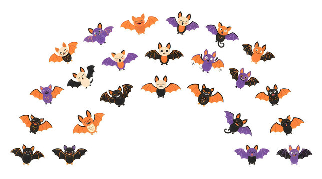 Cute bats Halloween party border, cartoon illustration for Kids, whimsical spooky design elements for scrapbooking or classroom decor halloween bats