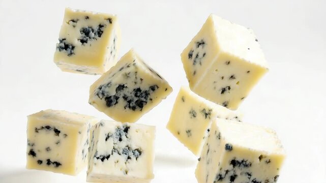 Floating chunks of blue cheese on white background