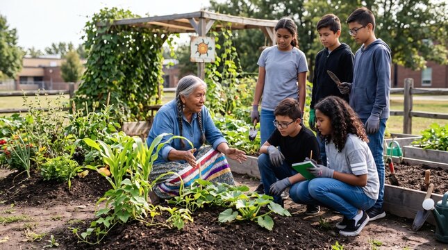 Elderly Indigenous Woman Teaches Diverse Children About Gardening in Outdoor Classroom Setting