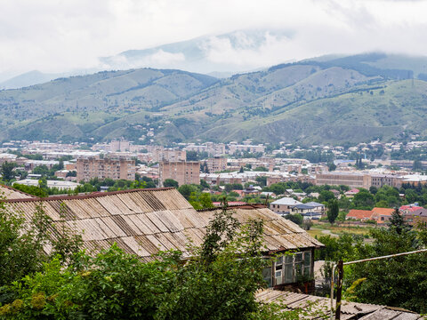 above view of Vanadzor city on rainy morning