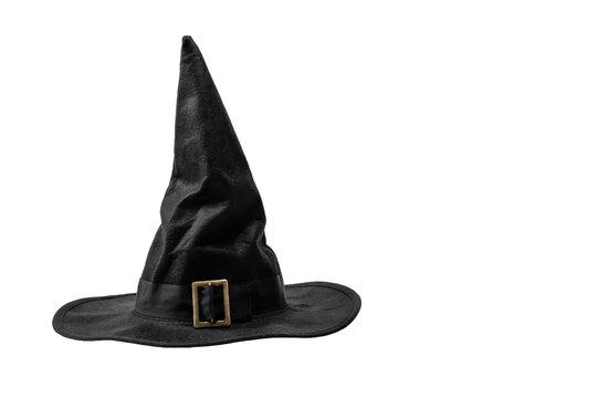 Pointed black witch hat with a gold colored buckle accessory for halloween costume and magical themed events isolated on a transparent background