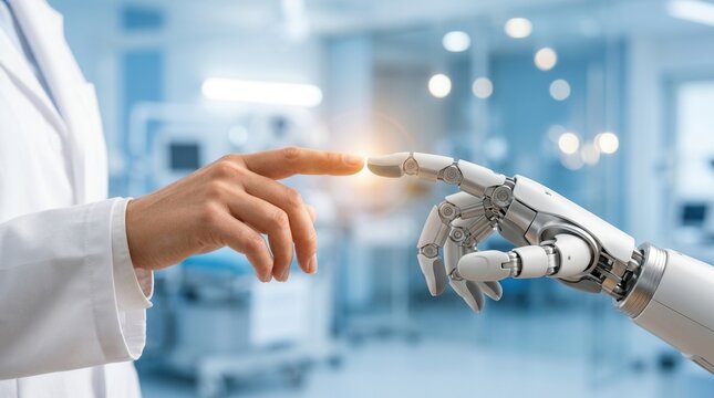 Human machine interaction in modern medicine and healthcare featuring a doctor's hand touching a robotic prosthetic hand.