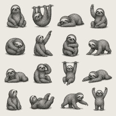Naklejka premium Cute Sloth Pose Collection in Vintage Stipple Illustration Style