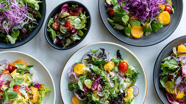 Assorted colorful fresh salads in various bowls arranged on a light surface with mixed greens