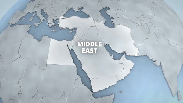 A 3D educational map of the Middle East, Western Asia, featuring a bright geographic highlight, extruded typography, and national borders, designed for a horizontal documentary graphic.
