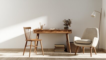 Fototapeta premium Cozy sunlit corner with wooden desk, chairs, and lamp