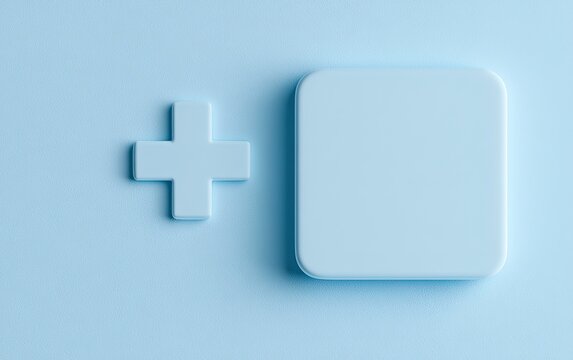 Minimalist pastel blue plus symbol and rounded rectangle on a light backdrop